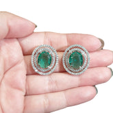 Green Topaz Stud Earrings With Cubic Zirconia - White Gold Plated