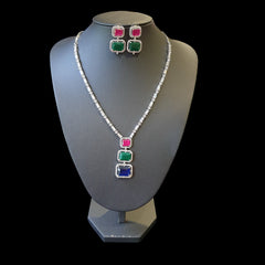 Lab-Grown Emerald, Sapphire & Ruby Necklace Set with Cubic Zirconia – White Gold Plated