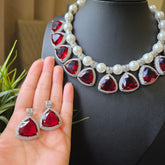 Niya - Timeless Pearls & Red Garnets Necklace set with Earrings