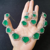 Lab Grown Columbian Emeralds Necklace Set With Cubic Zirconia - White Gold Plated