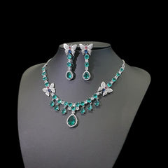 Green Topaz Necklace Set with Cubic Zirconia - White Gold Plated