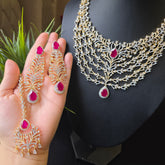 Linda - Gold Rubies Statement Necklace Set with Earrings & Tika