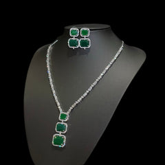 Lab-Grown Emerald Necklace & Earring Set with Cubic Zirconia – White Gold Plated