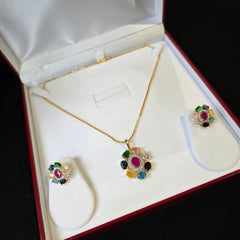 Fern - Gold Gemstones Pendant Necklace Set with Earrings