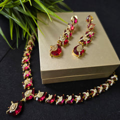 Ayra - Red Garnet Gold Necklace Set With Earrings