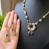 Floral Sapphire Blue in Gold Necklace & Earrings with antique finish