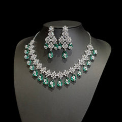 Green Topaz Necklace Set with Cubic Zirconia – White Gold Plated