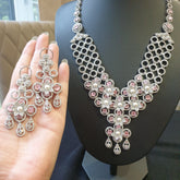 Pink Stone Necklace Set with Cubic Zirconia & Pearls – White Gold Plated