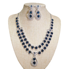 Lab-Grown Blue Sapphire Necklace Set – White Gold Plated with Cubic Zirconia
