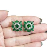 Emerald Green Stud Earrings With Cubic Zirconia - White Gold Plated