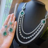 Aish - Designer Emerald & CZ Three layered Necklace Set with Earrings