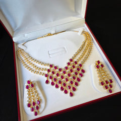 Lina - Rubies Gold Three Layers Necklace Set with Earrings