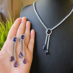 Lab-Grown Purple Amethysts Necklace Set with Cubic Zirconia – White Gold Plated