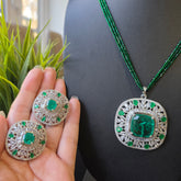 Noor - Doublet Emerald Green Pendant Long Chain Set with Earrings