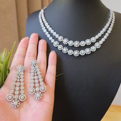 Kisha - Dazzling White Gold Cubic Zirconia Double Layered Necklace Set With Earrings