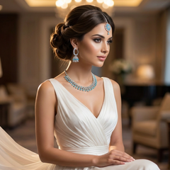 Rina - Aquamarines Necklace Set with Earrings and Tikka