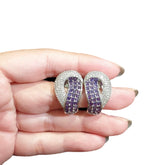 Purple Amethysts Stud Earrings With Cubic Zirconia - White Gold Plated