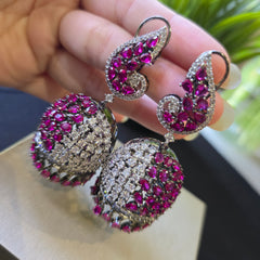 Kaia - Bespoke Ruby Red & White Cubic Zirconia Jhumka Earrings