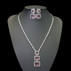 Baby Pink Quartz Necklace Set with Cubic Zirconia - White Gold Plated