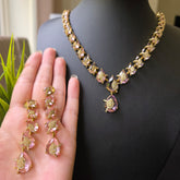 Ayra - Pink Stones Gold Necklace Set With Earrings