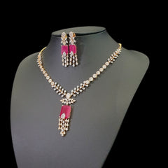 Ruby Necklace Set With Cubic Zirconia - Yellow Gold Plated