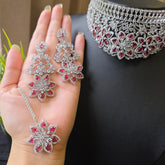 Amelia - Bespoke Red Garnets Choker Necklace Set with Earrings & Tika