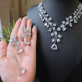 Curie - Dazzling Silver White Cubic Zirconia Necklace Set with Earrings & Tika