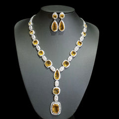 Yellow Citrine Necklace Set – White Gold Plated with Cubic Zirconia