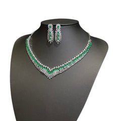 Emerald Green Necklace Set with Cubic Zirconia – White Gold Plated