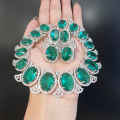 Green Topaz Necklace Set With Cubic Zirconia - White Gold Plated