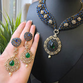 Soha - Classy Blue Sapphire Necklace & Earrings With Antique Finish