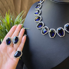 Bella - Statement Sapphire Blue Necklace Set with Earrings and Ring