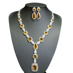 Yellow Citrine Necklace Set – White Gold Plated with Cubic Zirconia