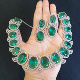 Green Topaz Necklace Set With Cubic Zirconia - White Gold Plated