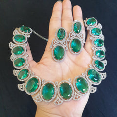 Green Topaz Necklace Set With Cubic Zirconia - White Gold Plated