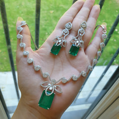 Emerald Green Necklace Set – White Gold Plated with Cubic Zirconia