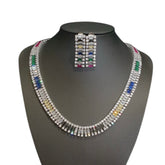 Stunning Multi-Coloured Stones Necklace Set with Cubic Zirconia - White Gold Plated