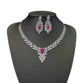 Ruby Necklace Set With Cubic Zirconia - White Gold Plated
