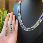 Stunning Multi-Coloured Stones Necklace Set with Cubic Zirconia - White Gold Plated