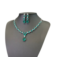 Green Topaz Necklace Set with Cubic Zirconia - White Gold Plated