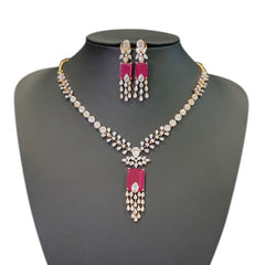 Ruby Necklace Set With Cubic Zirconia - Yellow Gold Plated