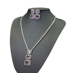 Baby Pink Quartz Necklace Set with Cubic Zirconia - White Gold Plated