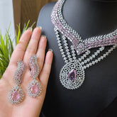 Nish - Bespoke Pink Stones & Cubic Zirconia Statement Necklace Set with Earrings