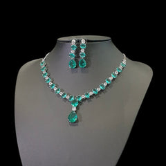 Green Topaz Necklace Set with Cubic Zirconia - White Gold Plated