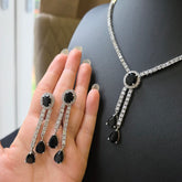 Black Stone Necklace Set with Cubic Zirconia – White Gold Plated