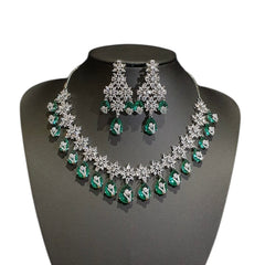 Green Topaz Necklace Set with Cubic Zirconia – White Gold Plated