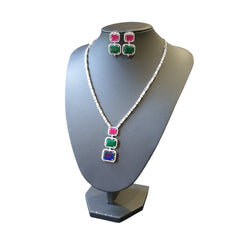 Lab-Grown Emerald, Sapphire & Ruby Necklace Set with Cubic Zirconia – White Gold Plated