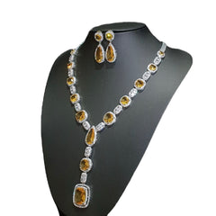 Yellow Citrine Necklace Set – White Gold Plated with Cubic Zirconia