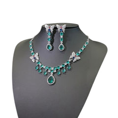 Green Topaz Necklace Set with Cubic Zirconia - White Gold Plated