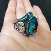 A&Ns 925 Silver Turkish Mens Ring with Aquamarine Gemstone (Size: V)